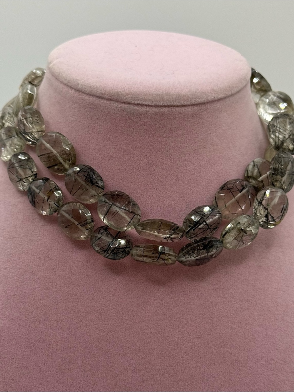 Clear Quartz Rutilated Bead Necklace - Gray Tones